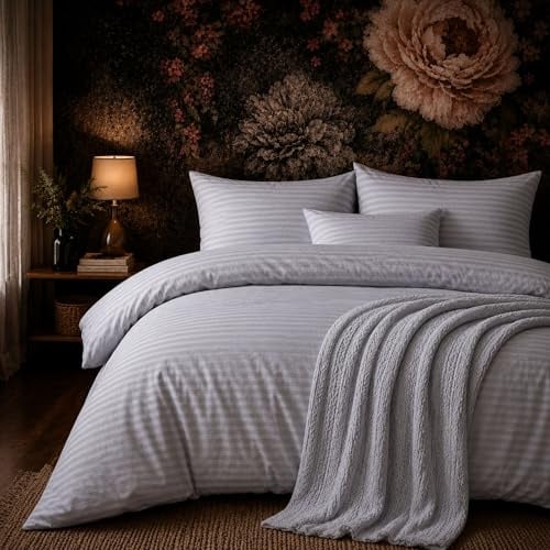 ZIRVEHOME Bettwäsche 200x220 cm 3-teilig – Grau Bettbezug mit feinem Streifenmuster – 1x Bettbezug 200x220 + 2X Kissenbezüge 80x80 – Renforcé Baumwolle – Pflegeleichte Ganzjahresbettwäsche Damast Grau
