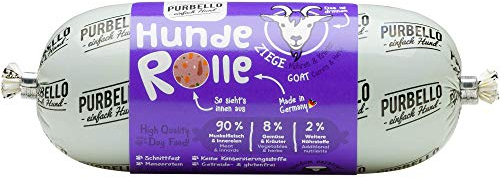 PURBELLO Hunde-Rolle Ziege mit Karotte & Kräutern - Monoprotein Hundefutter mit hohem Fleischanteil - Nassfutter für Hunde - Hundewurst schnittfest & getreidefrei - 8 x 200 g