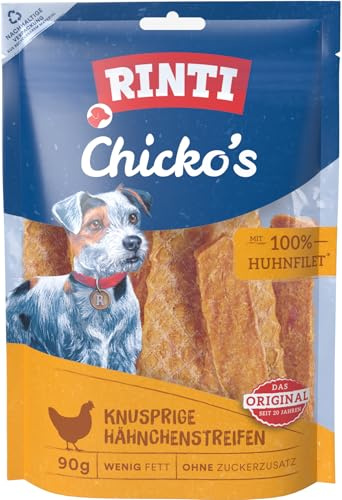 Rinti Chicko knusprige Hähnchenstreifen | 90 g | Snack für Hunde aus frischem Hühnerbrustfilet | Ohne Fleischmehle und Soja | Schonend luftgetrocknet und leicht bekömmlich