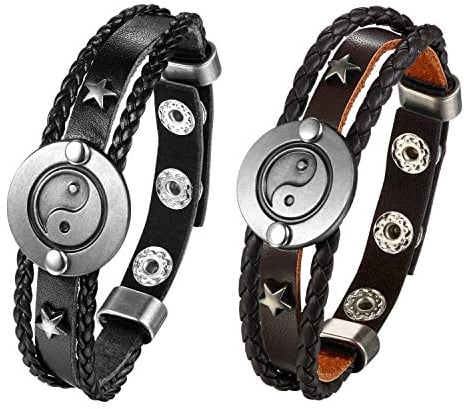 JewelryWe Schmuck Pärchen Armbänder Retro Tai Chi Yin Yang Stern geflochten Lederarmband Paare Armreifen Leder Freundschaftsarmband Partnerarmband für Herren Damen, Druckknopf, Schwarz Braun Silber