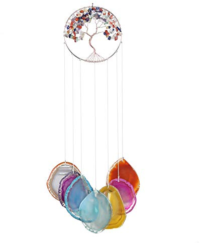 JSDDE 7 Chakra Windspiel aus natürlicher Achat Scheiben Baum des Leben zum Aufhängen Kristall Heilung Windfänger Dekoration für Zuhause, Wohnzimmer, Terrasse, Auto