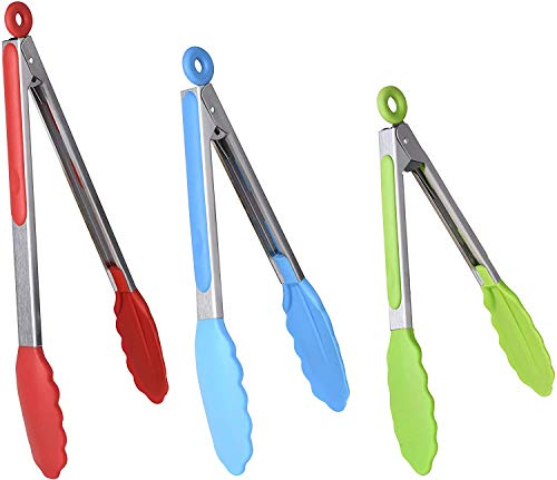 Pubiao Küchenzange 7 + 9 + 12 rutschfeste Küche Edelstahl Premium Silikonzange Kochzange Set zum Grillen, Grillen, Servieren, Salat, EIS (rot + blau + grün)