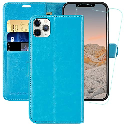 MONASAY iPhone 12 Pro Max Wallet Case,6.7-inch, [Glass Screen Protector Included] [RFID Blocking] Flip Folio Leather Cell Phone Cover with Credit Card Holder for iPhone 12 Pro Max,Light Blue