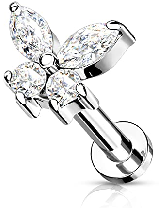 beyoutifulthings 1 Knorpel Ohr-Stecker Zirkonia Schmetterling 8 mm Länge Silber Clear Cartilage Labret Piercing-s Edelstahl Schraub-Verschluss
