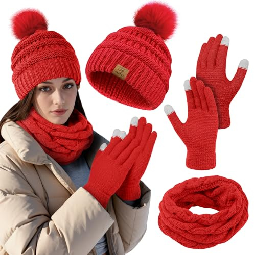 URATOT Warmes Strickset für den Winter, Beanie mit Bommel, Mütze, , Wintergesichtsschutz, Touchscreen-Handschuhe, Schal-Set für Herren und Damen, Rot/Ausflug, einfarbig (Getaway Solids), Medium