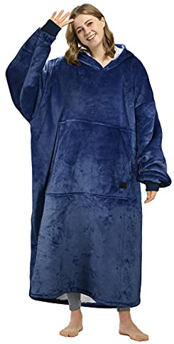 Long Hoodie Blanket, Warm Gifts for Women, Oversized Thick Sherpa Sweatshirt, Soft Cozy Wearable Blanket, Giant Hoody Sweater Adults Men Dark Blue