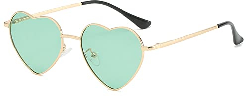 RUNHUIS Polarisiert Herzform Sonnenbrille Damen Herren Hippie Brille Vintage Liebe Sonnenbrille für Festival Party Gold Metallrahmen mit UV400 (Gold/Grün)