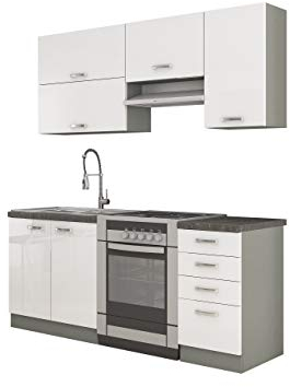 Mirjan24 Küche Multiline II, 180 cm Küchenblock/Küchenzeile mit Arbeitsplatte und Spülbecken, 5 Schrank-Module frei kombinierbar (Grau/Weiß Hochglanz; ohne Beleuchtung)
