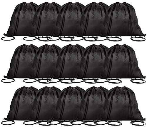 AKOLAFE 15PCS Drawstring Bags Black PE Bags Drawstring Gym Bags String PE Bags for School Boys, Sports, Gym, Travel, Swimming and Various Activities