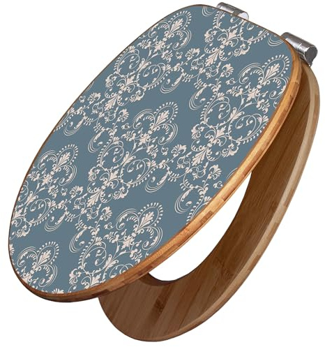 banjado Design WC Sitz Bambus Absenkautomatik 45,8x37,5cm - Toilettendeckel mit Absenkautomatik Holz - hochwertiger Bambus Klodeckel - WC-Sitz für gängigen Toiletten - Motiv Royal Creme Blau