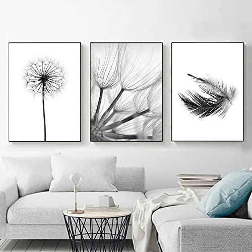 Trayosin 3-teiliges Moderne Poster Set Premium Aesthetic Schwarz Weiß Feder Löwenzahn Bild Set Bilder Wohnzimmer Deko Schlafzimmer,Moderne Wandbilder,ohne Rahmen (40x50cm)