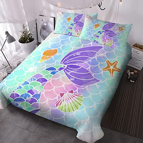 BlessLiving Mermaid Tail Duvet Cover Set 3-Piece Double | Reversible design; For kids and girls; Pattern details: Mermaid Purple Tail Girly