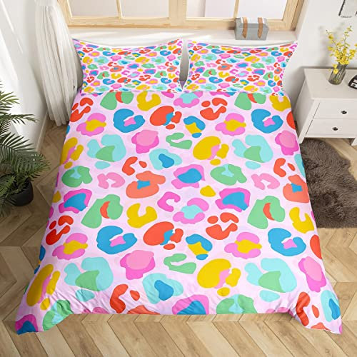 Homewish Girls Leopard Print Bedding Set Double For Kids Bedroom Pink Cheetah Print Comforter Cover Cute Rainbow Bed Set Cartoon Animal Theme Duvet Cover Multicolor Quilt Cover 3Pcs