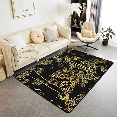 Tapis botanique en bambou pour salon, chambre à coucher, tapis antidérapant pour enfants, garçons, filles, tapis de luxe noir doré, 150 x 200 cm