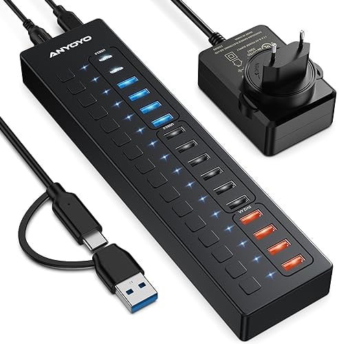 USB C Hub Aktiv, ANYOYO 16 In 1 USB 3.0 Hub mit Netzteil(60W) Powered USB Hub mit 4 Ladeanschluss,USB Data Hub mit 5Gps 2 USB C 3.0, 4 USB A 3.0, 6 USB A 2.0, USB C Lade Hub für MacBook, PC, iPad