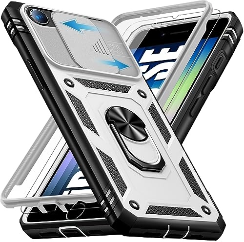 Giyer für iPhone SE 2022/2020 8 7 Hülle mit Schutzfolie, Handyhülle für iPhone 8 mit Kameraschutz 360° Metall Ring Ständer Stoßfest Bumper Schutzhülle für iPhone SE Case Cover Tache (Weiß)