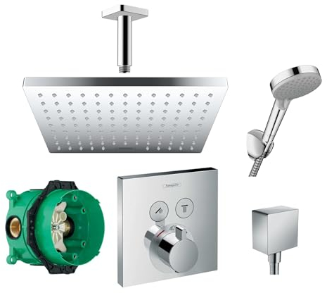 Hansgrohe Duschsystem mit Unterputz Duscharmatur von Hansgrohe Regendusche mit Armatur, Duschkopf eckig, Deckenarm Dusch-SET HGK06 poliert