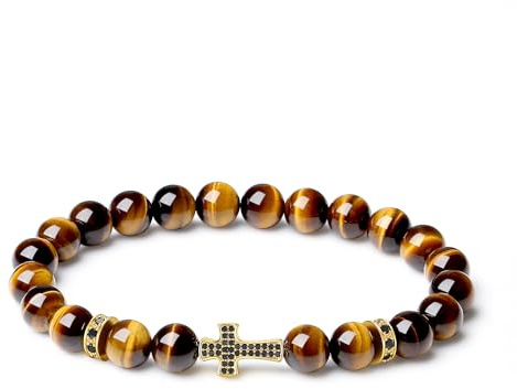COAI Bracelet Tourmaline Noire/Œil de Tigre pour Homme/Femme, Charm Croix Chrétienne, Bracelet Confirmation