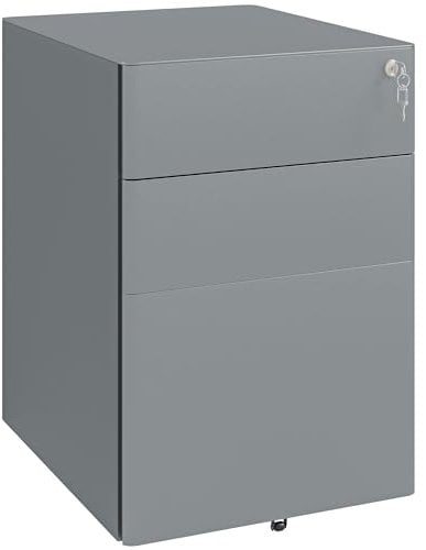 Vinsetto 3-Drawer Mobile Filing Cabinet, Steel Lockable File Cabinet for A4, Legal, Letter, Compact Under Desk Storage Unit with Pre-Assembled Body Except Wheels for Home Office, 39 x 48 x 59cm, Grey