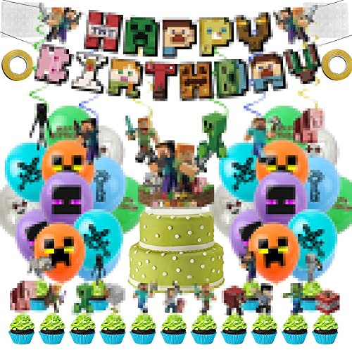 Kit de décoration d'anniversaire 45 pièces, avec motif de jeu vidéo EUBSWA Miner Gamer, ballons de décoration pour fête à thème, kit de décoration