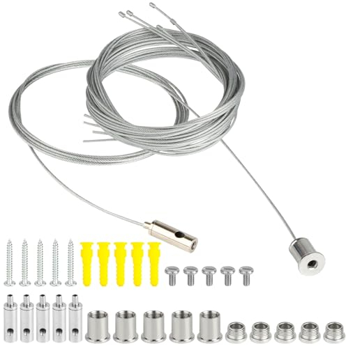 RISF Set of 5 rope suspension installation set, 1.5 mm x 2 m, adjustable rope suspension, lamp suspension, wire rope holder, metal for LED panel, ceiling, photos mounting