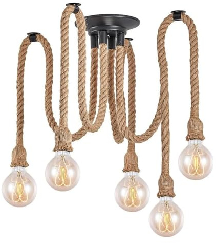 DIY Retro Hanfseil Industrie Kronleuchter,Industriestil Hängeleuchte Pendelleuchte für Küche Wohnzimmer Restaurant,Bar,Lager,Bauernhof,Halle,Pendelleuchten Leuchte nicht enthalten Glühbirne (5 Köpfe)