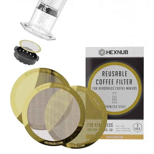 HEXNUB Wiederverwendbarer Metallfilter für AeroPress-Kaffeemaschine, Edelstahlfilter passend für AeroPress Original & Go Kaffeepresse, vollmundiger Kaffee als Papierfilter, Gold, 3 Stück