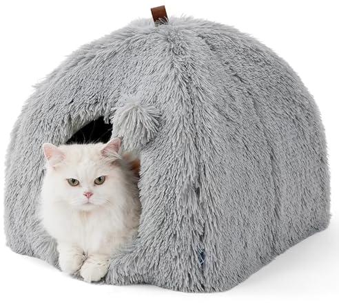 BEDSURE Katzenbett große Katzen Katzenhöhle- 40x40x40 cm Plüsch Katzenhaus Indoor mit abnehmbarem Katzenkissen und hängendem Spielzeug, Katzen Bettchen waschbar, Grau