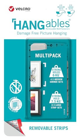 VELCRO Brand - HANGables Picture Hanging Large & Medium Multi-Pack - 8 x Large Strips (Holds 7.5kg) & 4 x Medium Corner Strips (Holds 6kg) - Damage-Free Picture Hanging