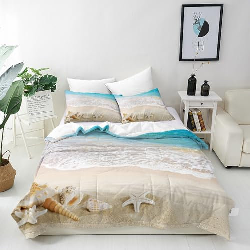 ANHOPE Ozean Strand Seestern Muschel Bettwäsche Set 2 Teilig Weich Bettbezug 135x200 cm & Kissenbezug 80x80 cm Microfaser Bettbezüge Set mit Reißverschluss Ganzjahres Bettdeckenbezug Set