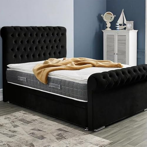 6FT Super King Ottoman Storage Solid Divan Base Chesterfield Sleigh Bed Frame With Headboard Upholstered In Plush Velvet Black Bed End Lift - No Mattress (Black, 6FT Super King Frame With Storage)