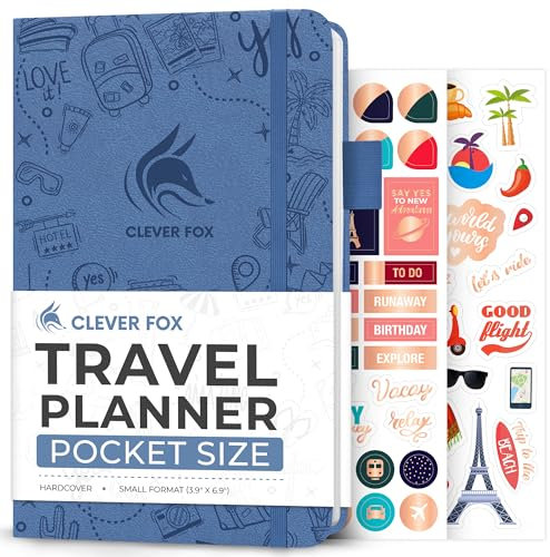 Clever Fox Reisetagebuch mit Tasche, Urlaubs- und Roadtrip-Reiseplaner, Organizer und Reise-Erinnerungstagebuch, kleines Reise-Notizbuch (Rauchblau)