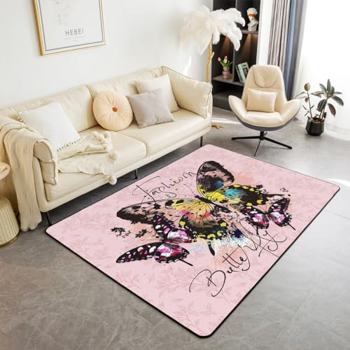 Schmetterling Teppich 150Bx200L Schwarz Gelb Rosa für Mädchen - Blumen Dekor Akzent Teppich - Bunte Wilde Tier Indoor Bodenmatte für Zimmer Wohnzimmer