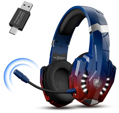 PHOINIKAS Casque Gaming Wireless pour PS4/PS5/Switch/PC/Téléphone Portable/Ordinateur Portable/Tablette, 2,4GHz Dongle(USB et Type-C), Microphone Antibruit Amovible, Stéréo 7.1, Lumière LED