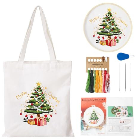 Homewit Weihnachtstag Canvas Tasche Stickerei Set, DIY Handgemachte Kreuzstich Segeltuchtasche Sticktasche, Stickset für Anfänger mit Muster, Embroidery Kit mit Stickrahmen, Farbfäden und Werkzeug