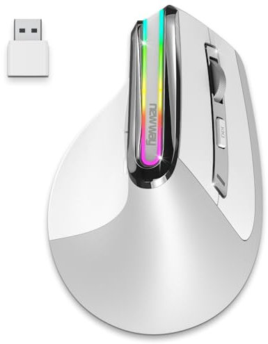 NEWWAY - 2024 Nuovo - Mouse verticale senza fili A9 - WiFi 2.4 GHz USB C - Ricaricabile - RGB - 2400 DPI - Ergonomico - Silenziatore - Nano ricevitore integrato 10 M - Bianco