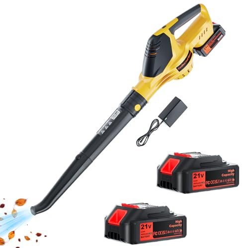 Olubfdh 21V Soffiatore a Batteria 200Km/h 420m³/h, Max 18000RPM, 5 Velocità soffiatore a batteria con 2 batterie 4000 mAh e caricabatterie per Foglie Giardino, Trucioli Legno, Pulizia del Cortil