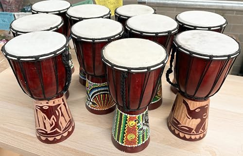 Djembes for schools & youth groups. Bulk set of 10 30 cm high Midrange Djembe Drums, pay for 9 get one free! Mixed Designs Great Sound Fair Trade