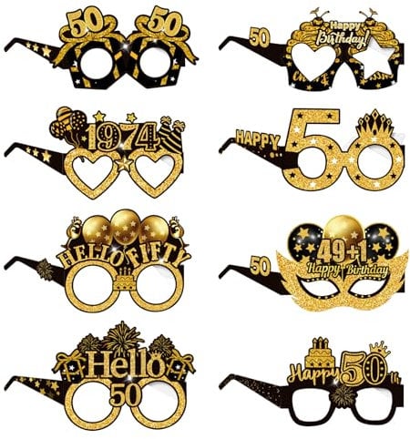COLANANA Birthday Party Glasses Decoration,50th Birthday Party Decorations,8 Pieces Funny Paper 50th Birthday Eyeglasses Deco,Birthday Photo Booth Props Supplies for Women Men