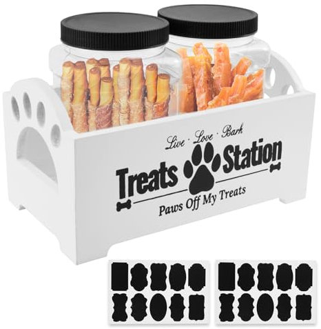 Sutowe Dog Treat Container with 2 Plastic Pet Food Jars, Wooden Holder & Stickers - Reusable Storage for Cat and Pet (White)
