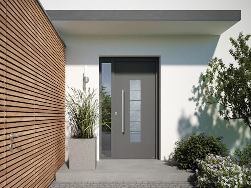 Hochwertige Aluminium-Haustür Basic Comfort, Blendrahmen + Türflügel innen flächenbündig, ab 0,87 W/m²K, 3 Motive, 4 Farben (Modell Finnja - DIN-Links, Anthrazitgrau, RAL 7016, Feinstruktur matt)