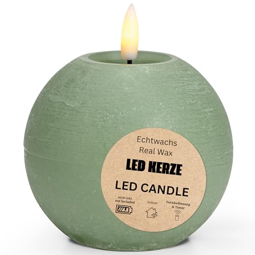 LED Candle Ball Made of Real Wax with Timer Function and Remote Control - Realistic Flickering Flame Warm White Diameter 10 x 9 cm - Electric Wax Candle Sage Green as a Cosy Table Decoration