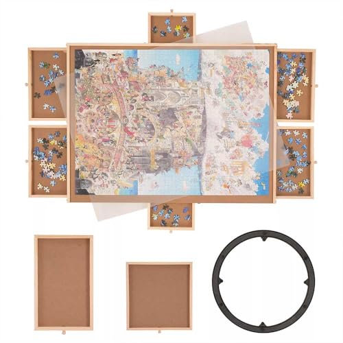 Blendra Wooden Jigsaw Puzzle Board, 1500 Pieces Puzzle Table With 6 Storages, Rotating Base, Dustproof Cover, Natural Wood, All Ages