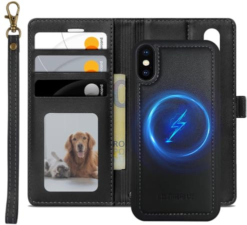 XTCASE Leder Hülle für iPhone X/XS Magnetisch, 2 in 1 Abnehmbare Handyhülle Flip Wallet Case [ Kabelloses Laden] [Kartenfach] [Ständer] Klappbare Klapphülle Schutzhülle, Schwarz