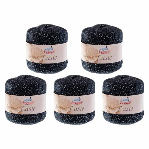 5 Knäuel Häkelgarn Lasie je 150m/50g mit Glitzer Sommergarn Strickgarn Glitzerwolle 15 Farben, Farbe:schwarz