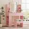 TRIUMPHKEY Schminktisch mit Hocker und Spiegel, Frisiertisch mit LED-Beleuchtung mit 3 Farben, Einstellbare Helligkeit, Kosmetiktisch mit 2 Schubladen, Offenen Fächern, Modern (Rosa)