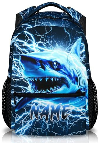 GiftRomance Personaliserter Kinderrucksack mit Hai-Motiv – 17 Zoll Jungen Schulrucksack mit Name & Blitz-Design – Ideal für Schule & Reisen