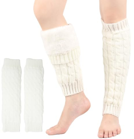 Fleece Lined Leg Warmers for Women Men,Knitted Warm Leg Protection Boot Cover for Women Girls,Ladies Fluffy Leg Socks for Winter and Autumn Fashion,Dance,Sports,Party and Yoga (White, One Size)