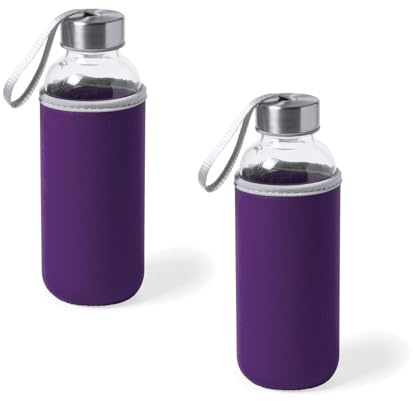 Genérico Juego de 2 Botellas de Agua de Cristal de 420ml con Funda de Neopreno y Tapa de Seguridad, Botellas Reutilizables de Bebidas para Deporte, Oficina y Viajes (Morado)