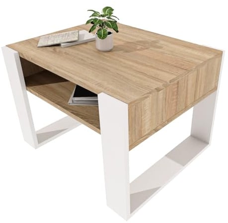 möbelkap Couchtisch 65×53.6 cm – Wohnzimmertisch aus Holzwerkstoff, Stabiler & moderner Kaffeetisch mit zusätzlicher Ablagefläche – Beistelltisch, Eiche Sonoma/Weiß, rechteckig